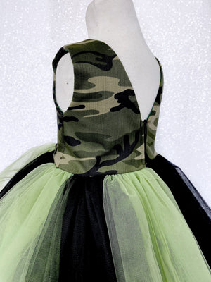 V-Back Green Black Tulle Camo Cotton Sleeveless Gown