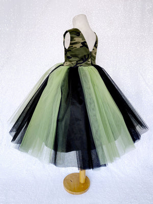 V-Back Green Black Tulle Camo Cotton Sleeveless Gown