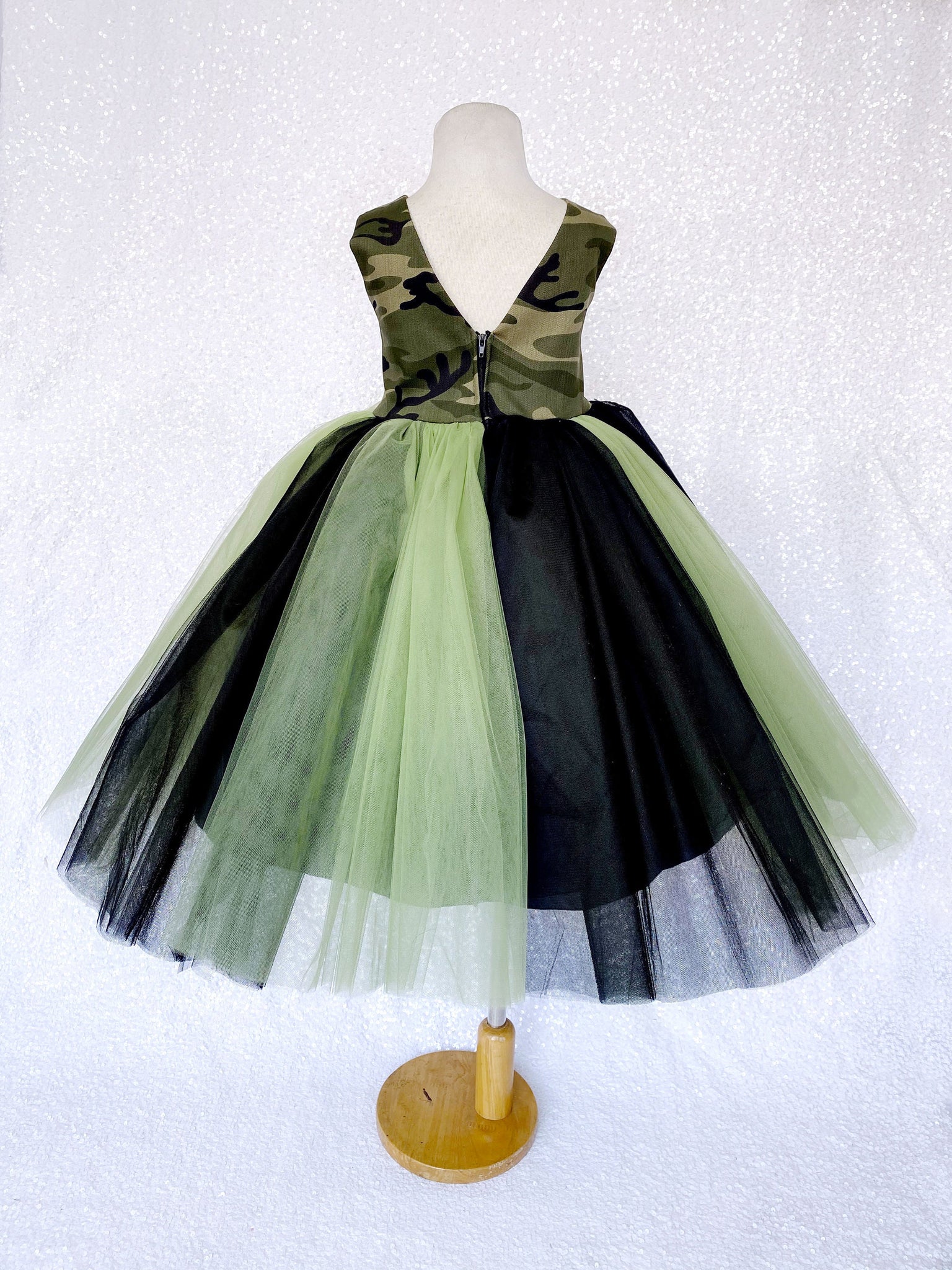 V-Back Green Black Tulle Camo Cotton Sleeveless Gown
