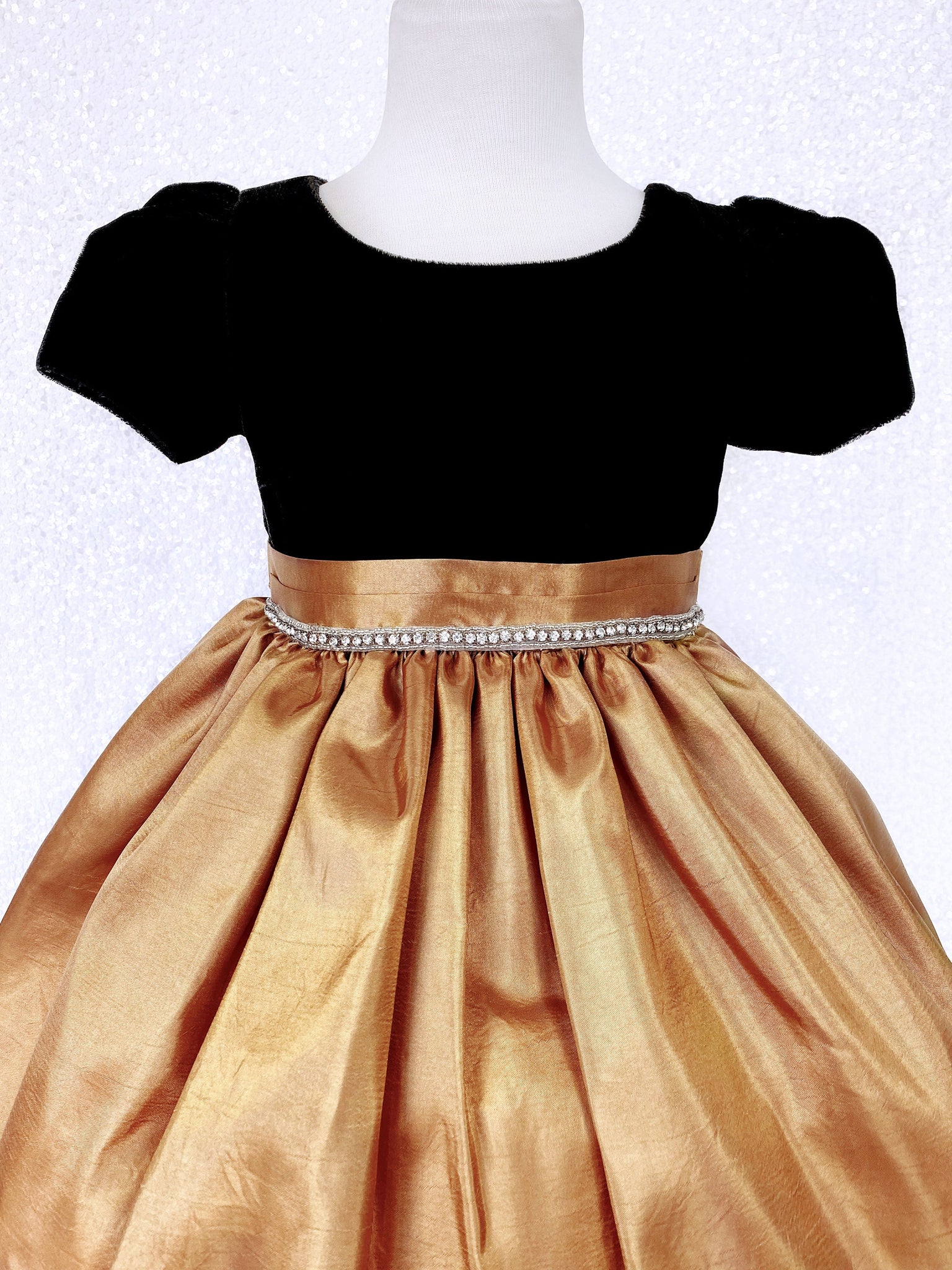 Gold Taffeta Velvet Black Short Sleeve Dress