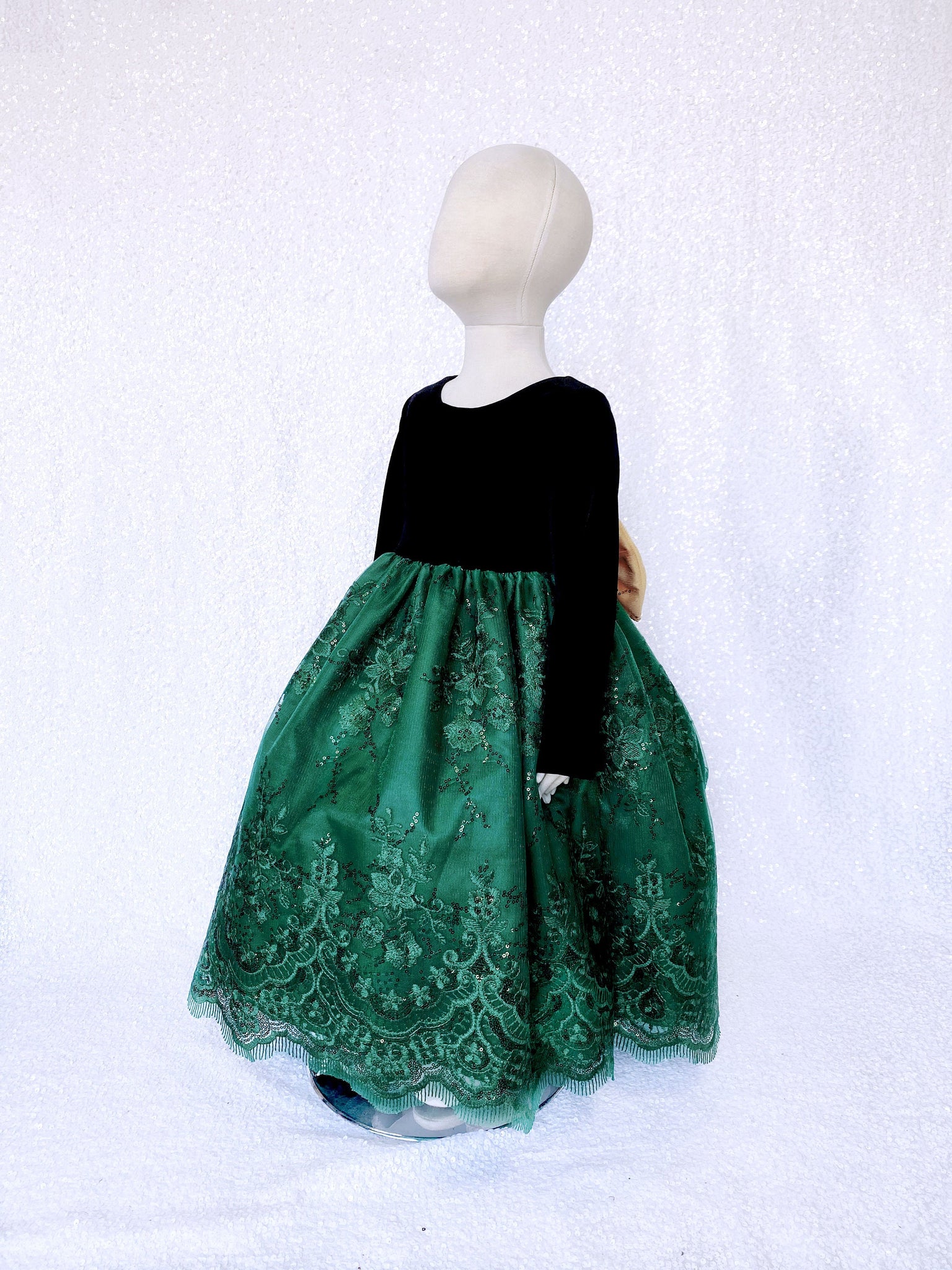 Long Sleeve Black Velvet Hunter Green Embroidery Gold Bow Dress