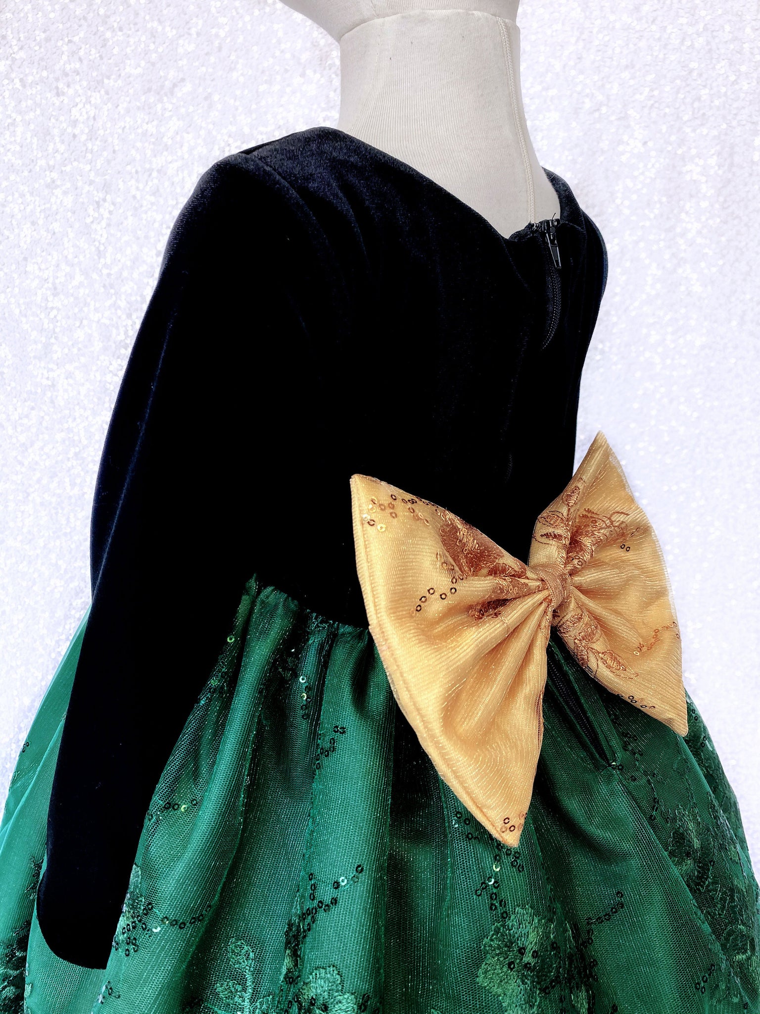 Long Sleeve Black Velvet Hunter Green Embroidery Gold Bow Dress
