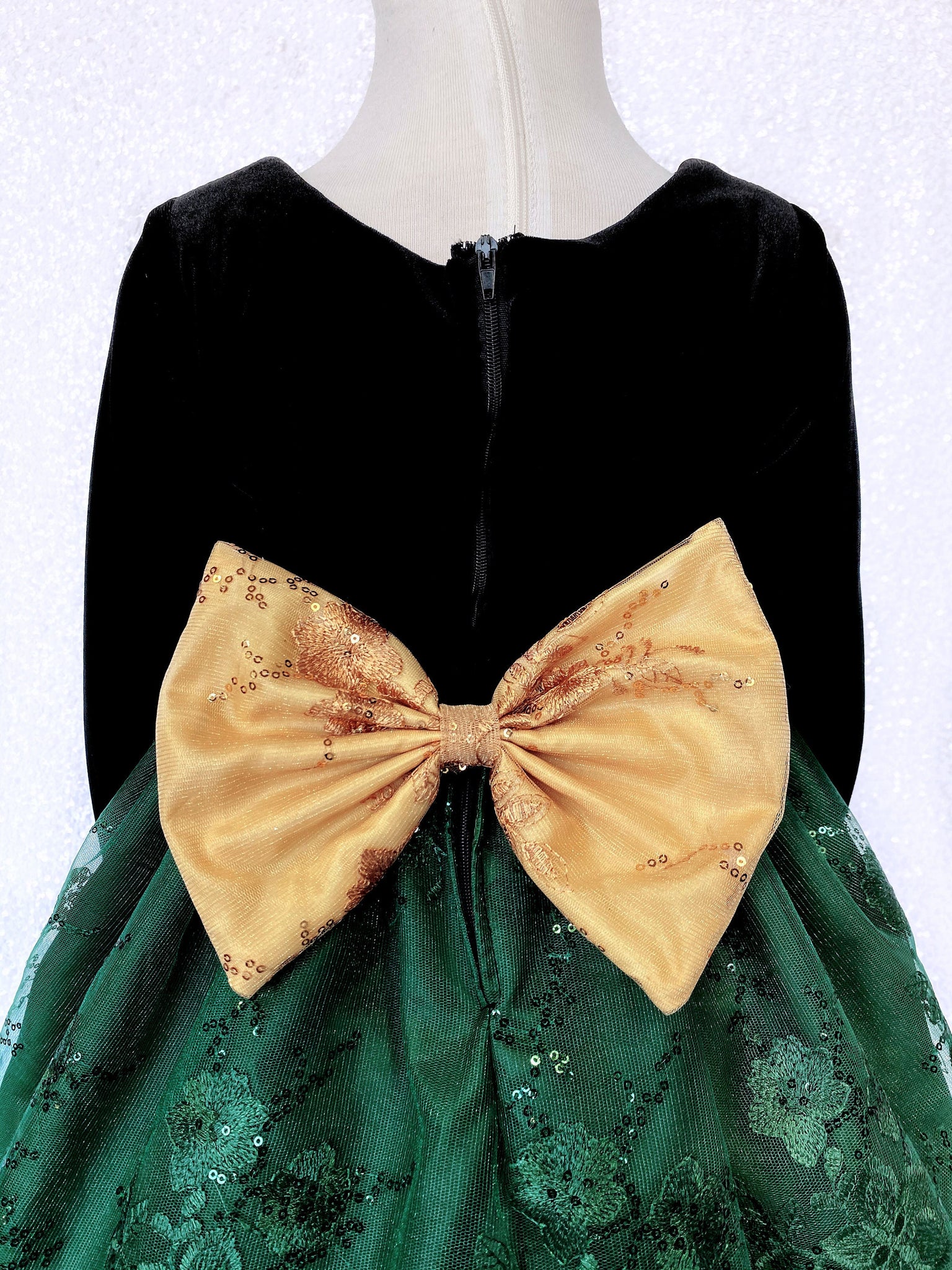 Long Sleeve Black Velvet Hunter Green Embroidery Gold Bow Dress