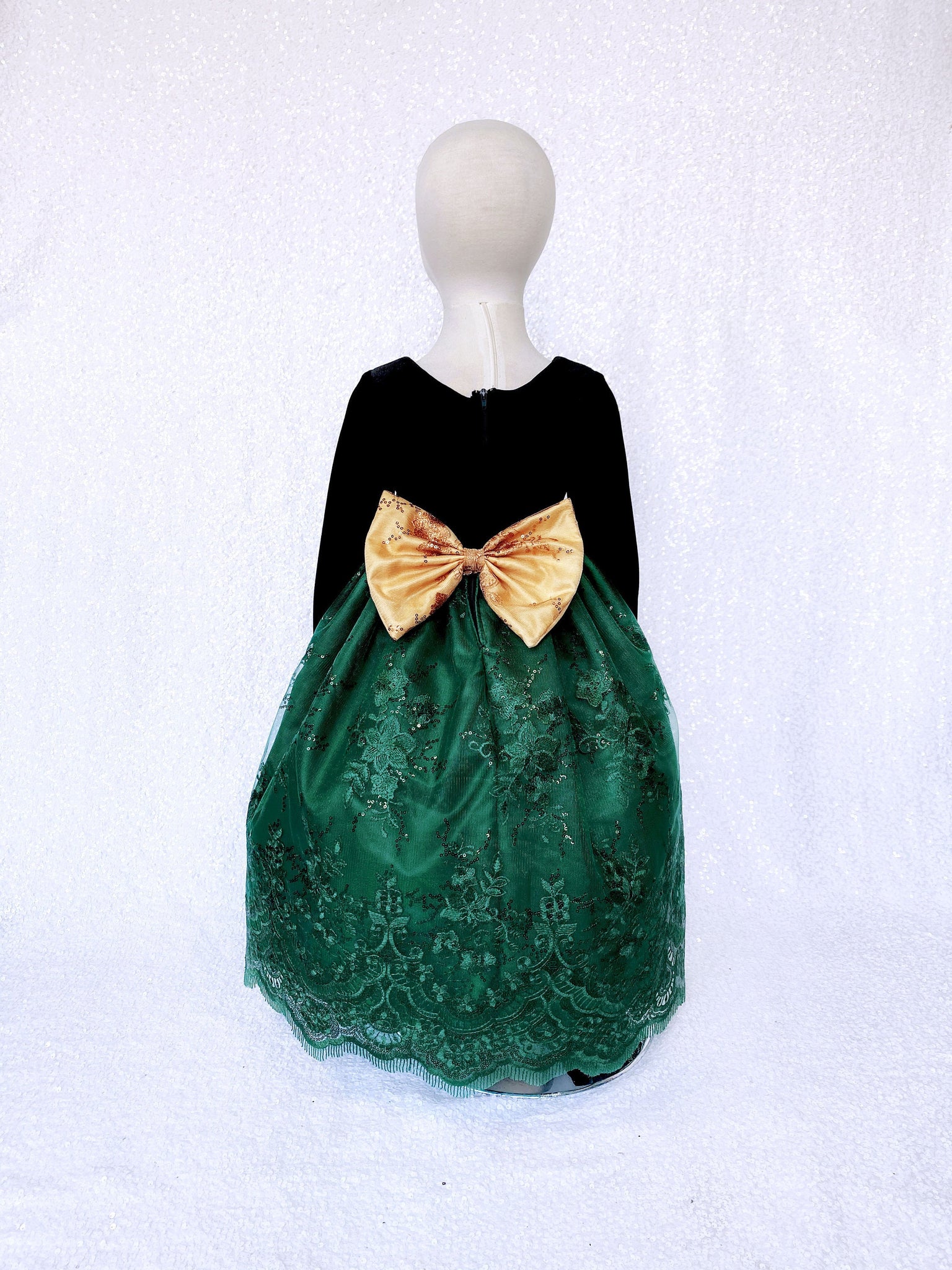 Long Sleeve Black Velvet Hunter Green Embroidery Gold Bow Dress