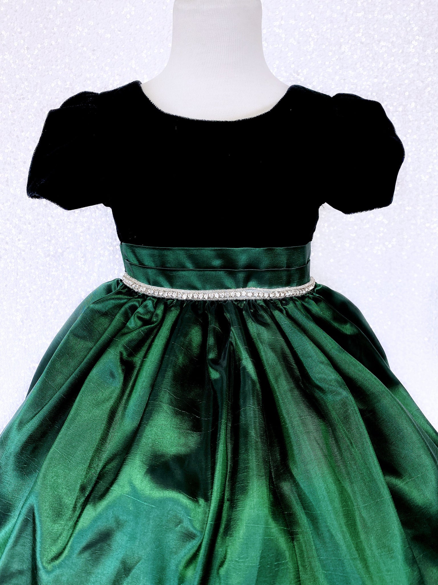 Hunter Green Taffeta Velvet Black Short Sleeve Gown