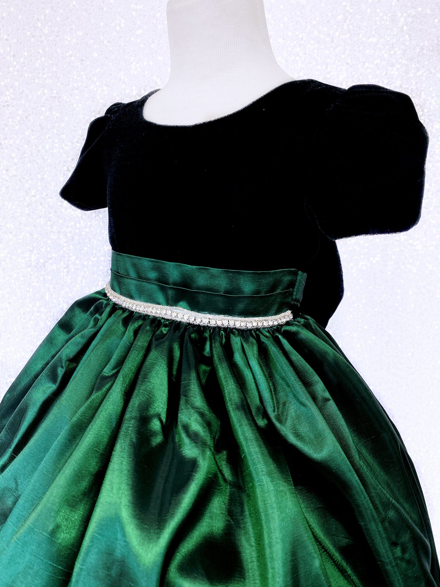 Hunter Green Taffeta Velvet Black Short Sleeve Gown