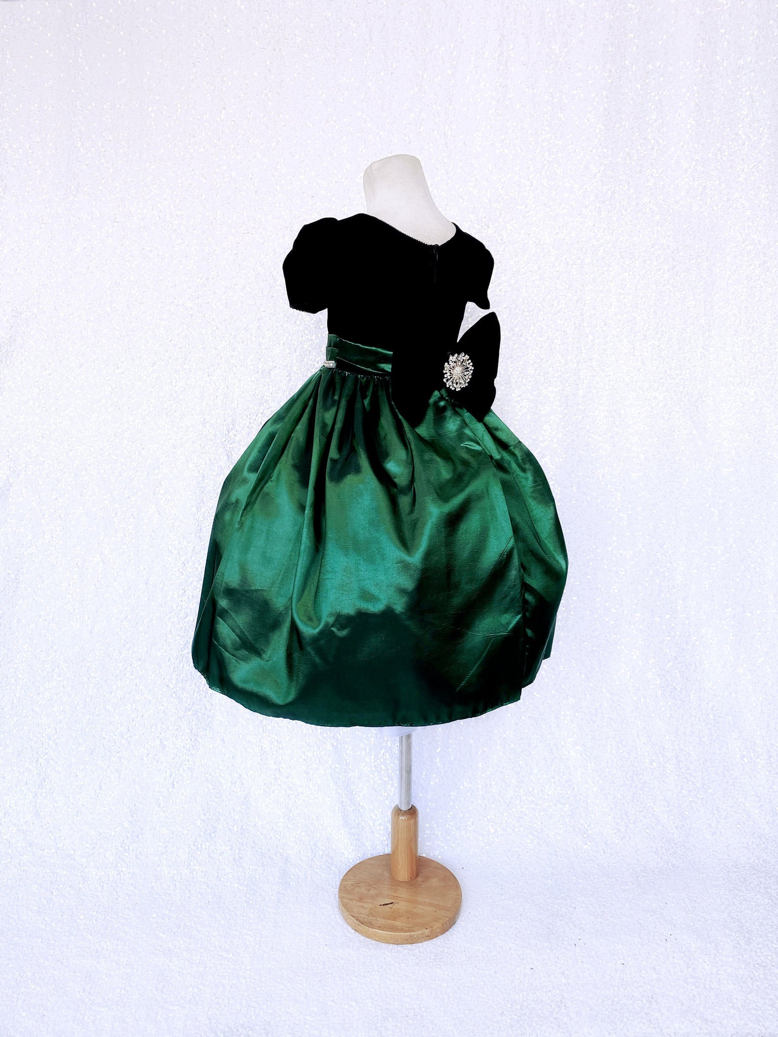 Hunter Green Taffeta Velvet Black Short Sleeve Gown