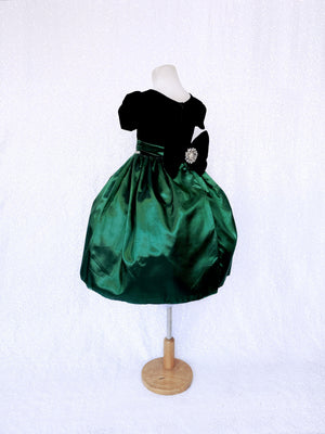 Hunter Green Taffeta Velvet Black Short Sleeve Gown