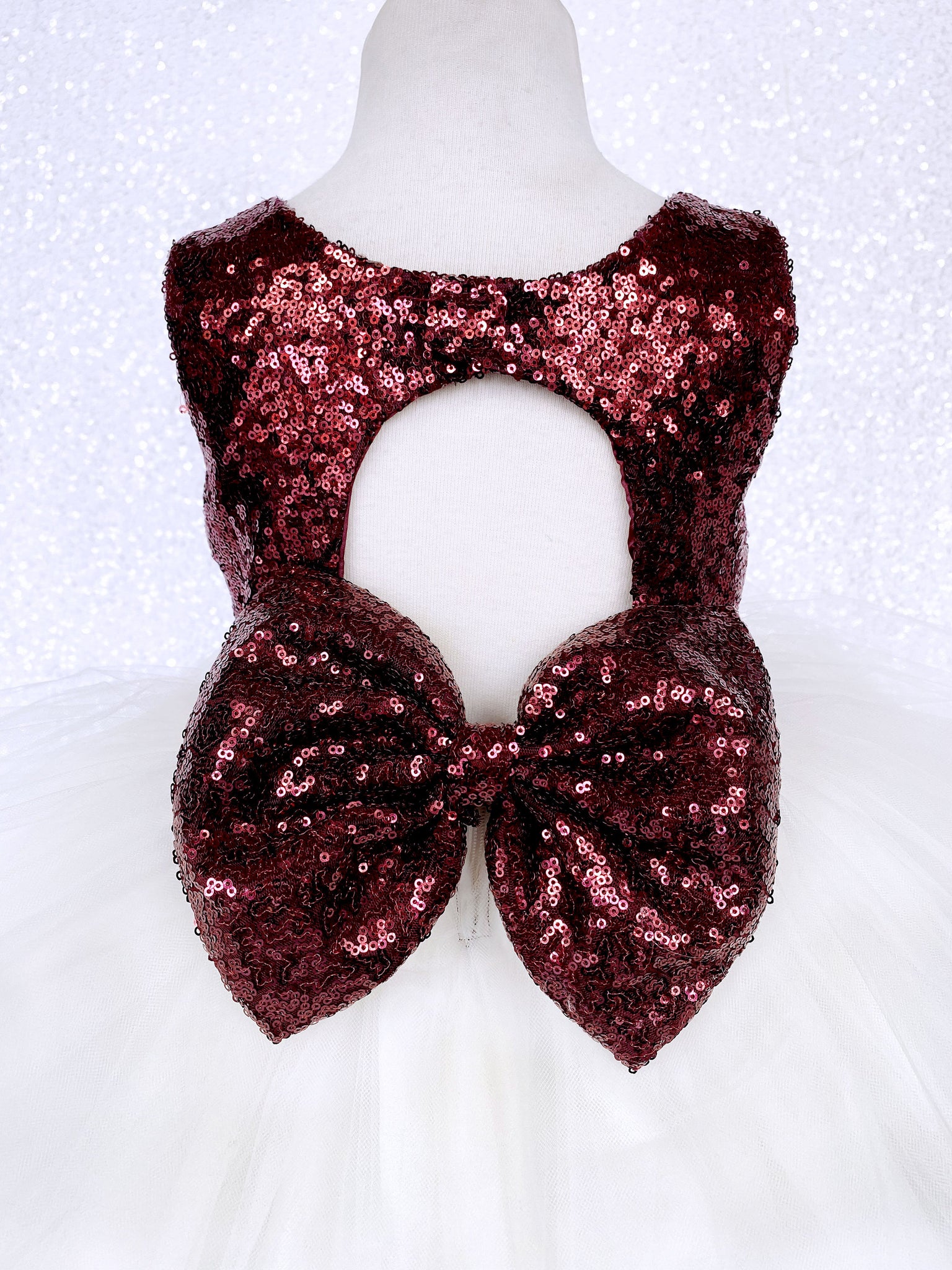 Burgundy Sequence Ivory Hi Low Tulle Dress