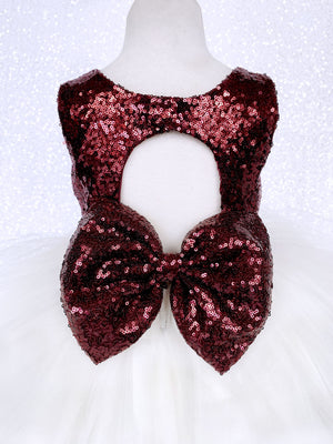 Burgundy Sequence Ivory Hi Low Tulle Dress