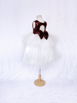 Burgundy Sequence Ivory Hi Low Tulle Dress