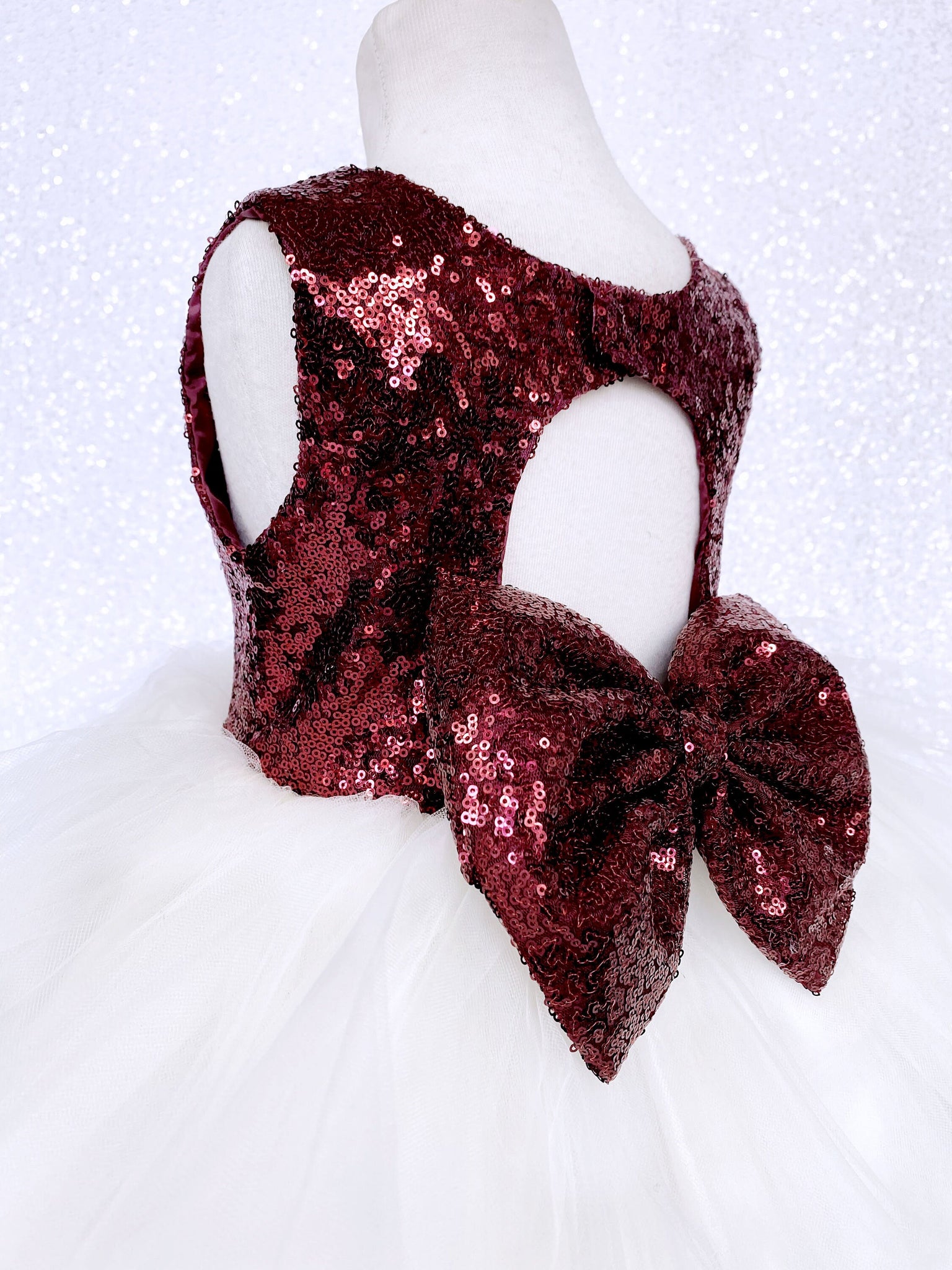 Burgundy Sequence Ivory Hi Low Tulle Dress