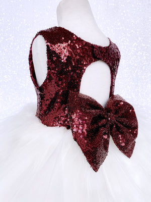 Burgundy Sequence Ivory Hi Low Tulle Dress