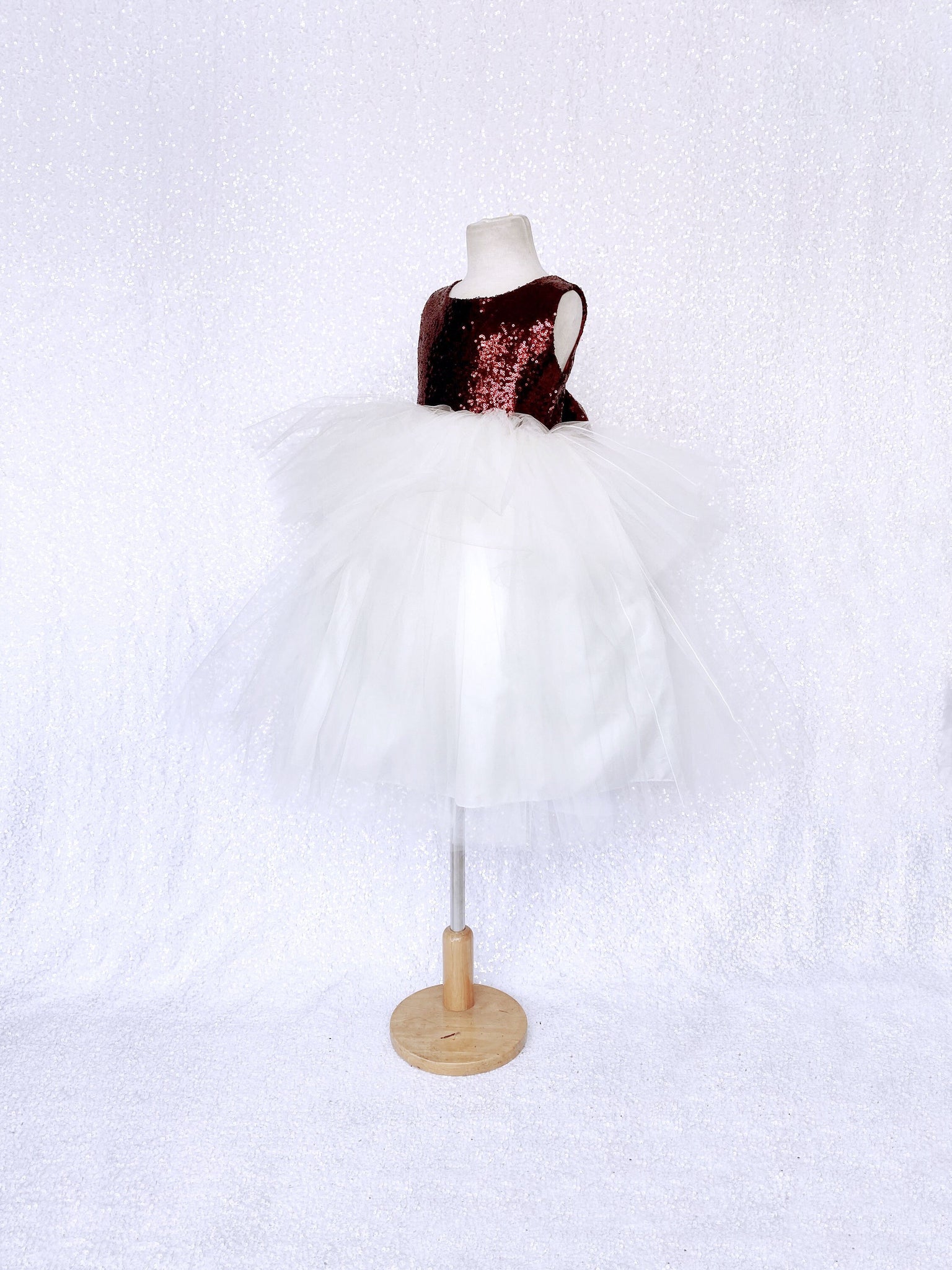 Burgundy Sequence Ivory Hi Low Tulle Dress
