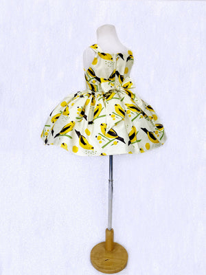 Spring Yellow Bird Knee Length Sleeveless Gown