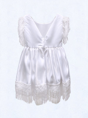 V-Back Knee Length Tassel Hem White Knee Length Dress
