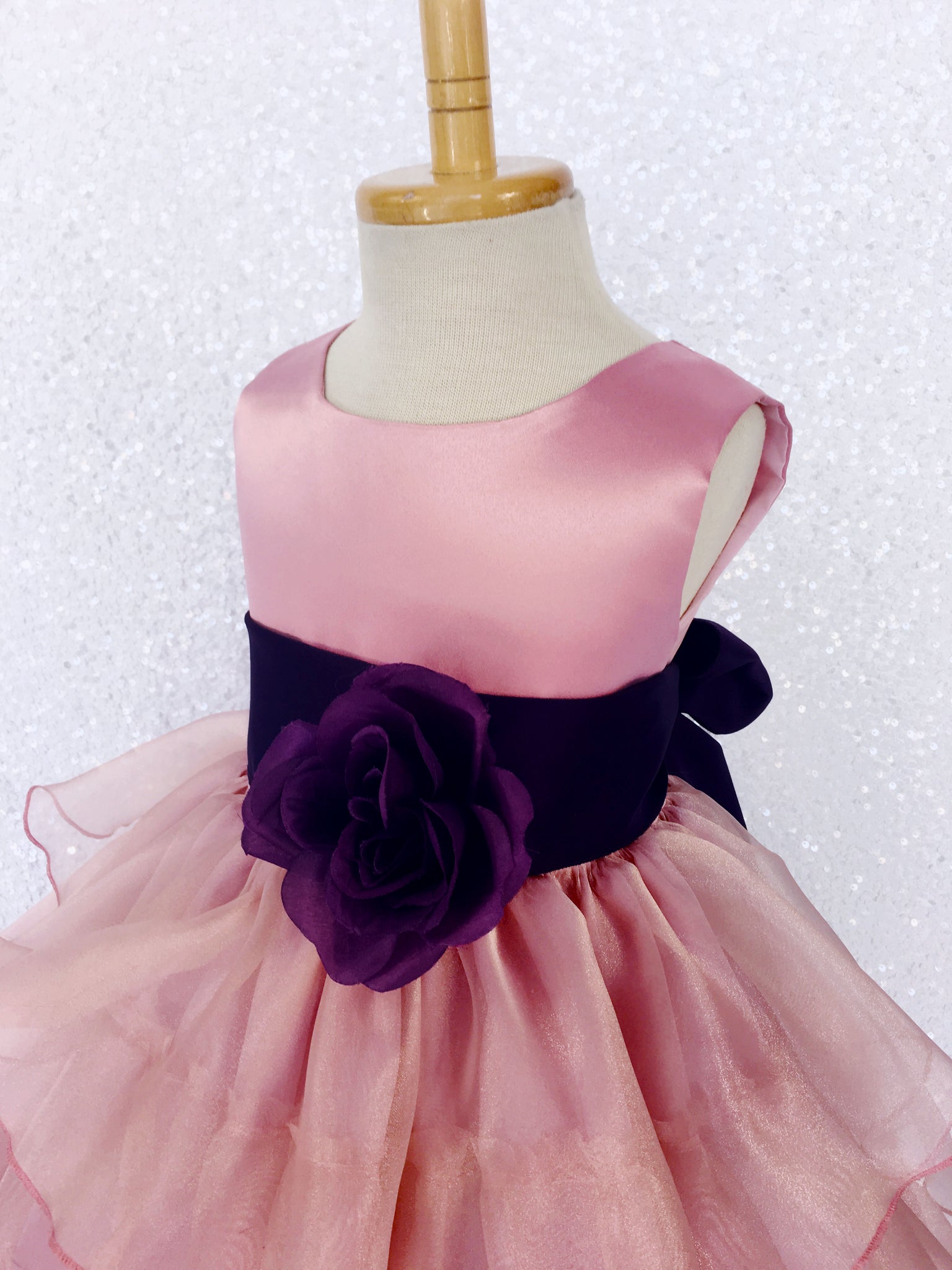 Sleeveless Satin Dusty Rose Organza Ruffle Dress
