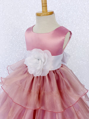 Sleeveless Satin Dusty Rose Organza Ruffle Dress